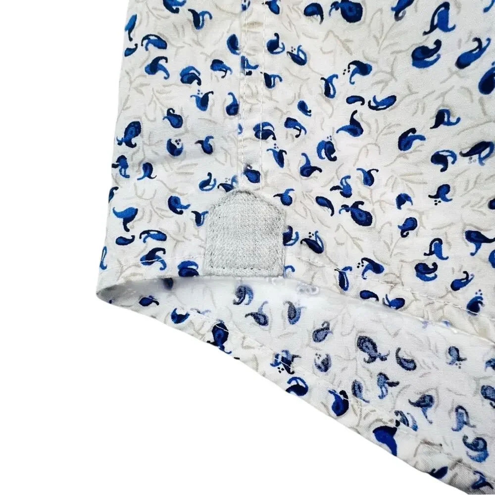 Tasso Elba Mens Shirt L White Blue Micro Paisley Short Sleeve Button Up Cotton